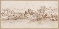 K V 054
<br/>
Klein rivierlandschap met brug en fort, waarachter zee
<br/>
<em>Grimaldi, Giovanni Francesco (1606-1680)</em>